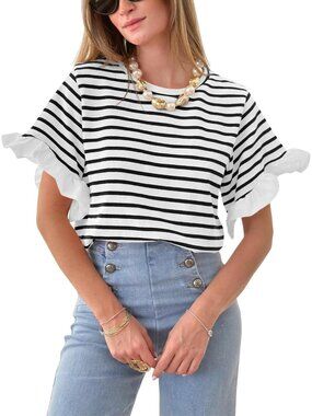 👑 Women's Black Striped Ruffle Sleeve Crew Neck Casual Outfits Summer T-Shirt